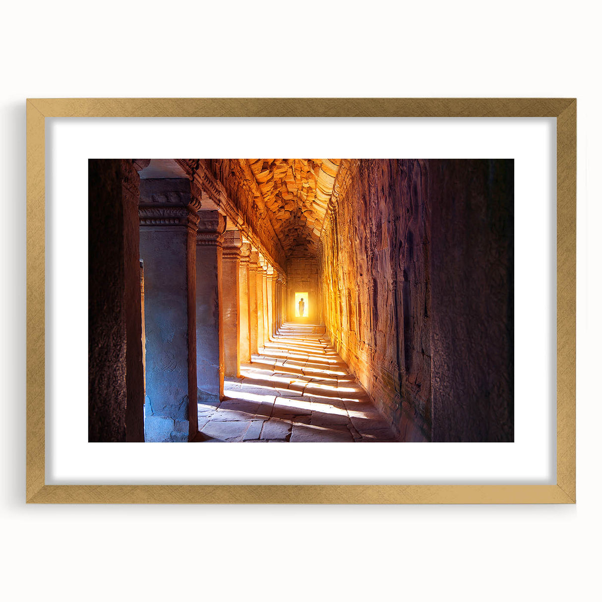 Extra large abstract art print depicting a textured Cambodian landscape in muted earth tones, framed in gold.