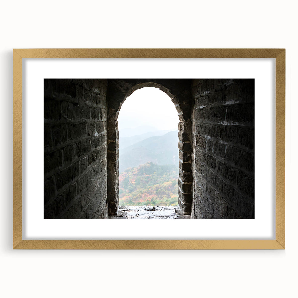 Extra large wall art featuring a textured abstract print of the Great Wall of China in muted earth tones, framed in gold.
