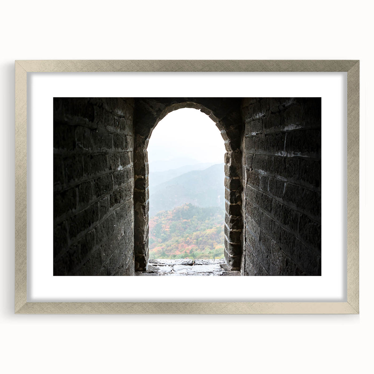 Textured art print of the Great Wall of China in muted earth tones on a framed canvas, suitable for bedroom decor.