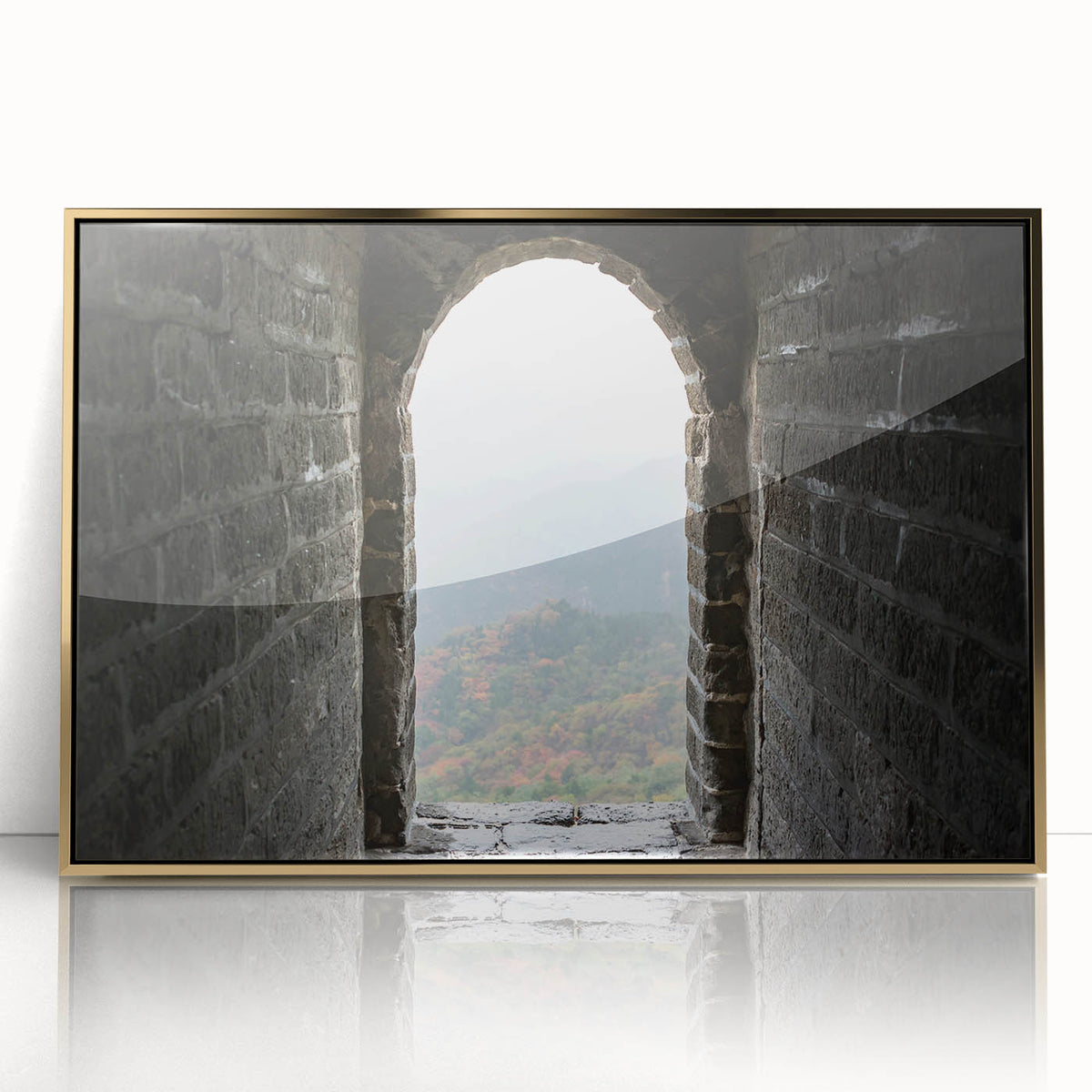Acrylic print of the Great Wall of China in muted earth tones, framed in gold, suitable for modern art wall decor.