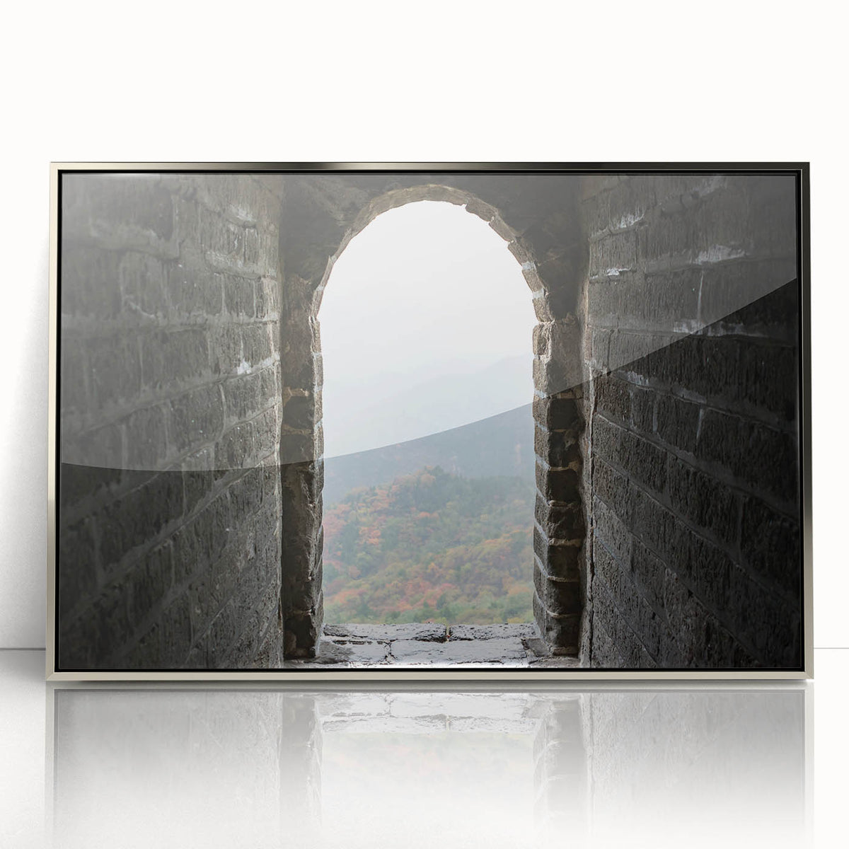 Mid-century modernist art of the Great Wall of China in muted earth tones on a framed acrylic print.