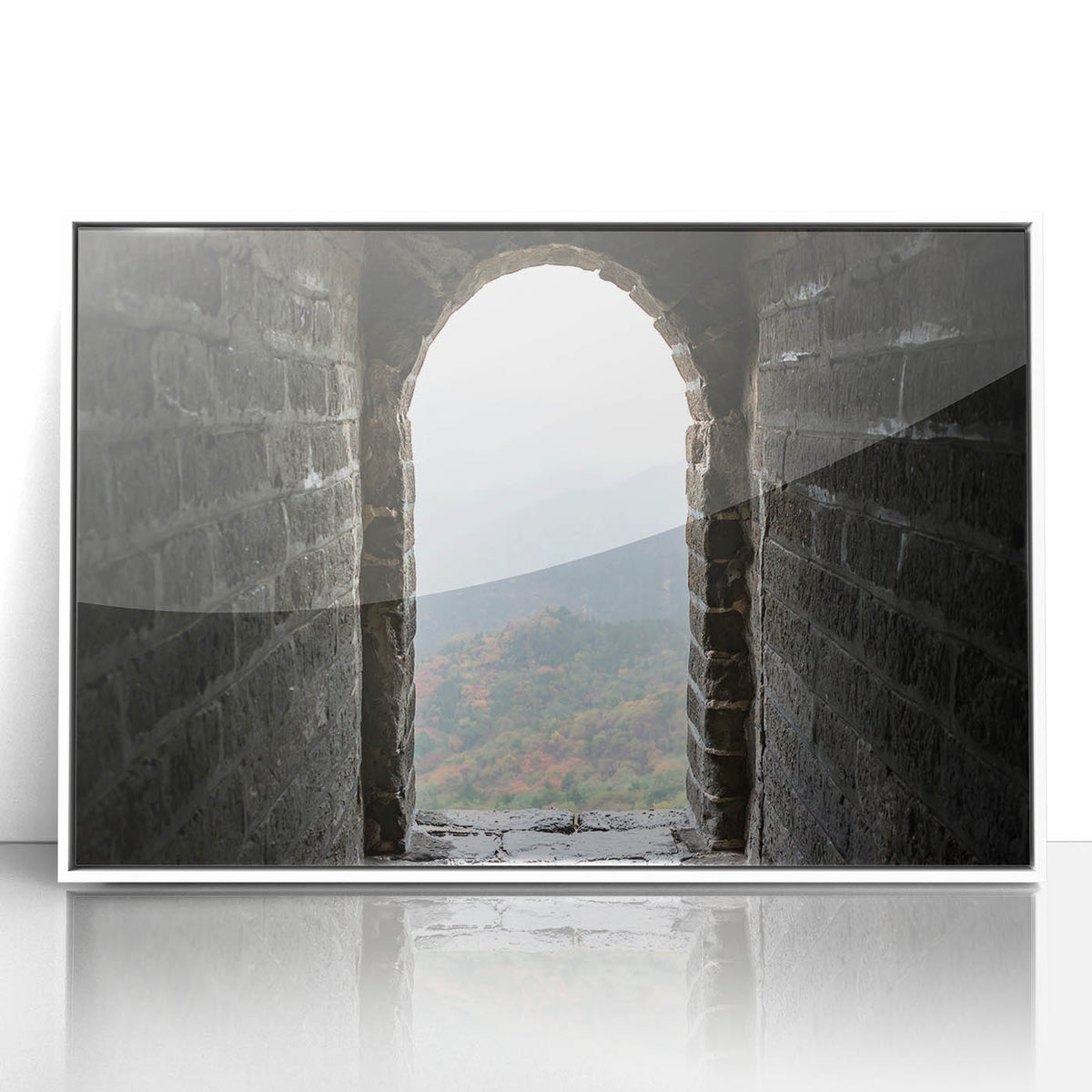 Framed acrylic print of the Great Wall of China in muted earth tones, suitable for modern art wall decor.