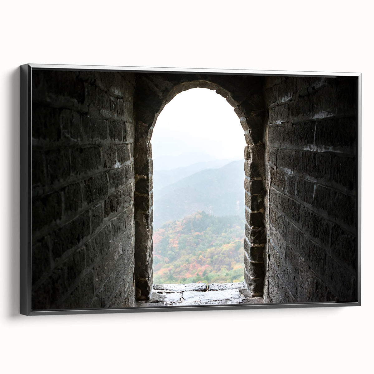Black and white framed canvas of the Great Wall of China in a vintage poster style, ideal for bedroom wall decor.