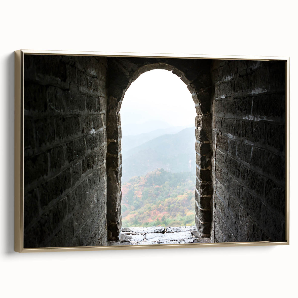 Framed canvas depicting the Great Wall of China in black and gold tones, suitable as wall art for a bedroom.