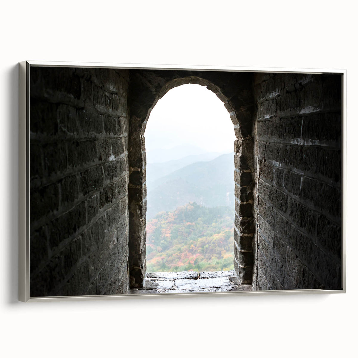 Framed canvas of the Great Wall of China in muted earth tones, ideal for adding a vintage touch to any room.