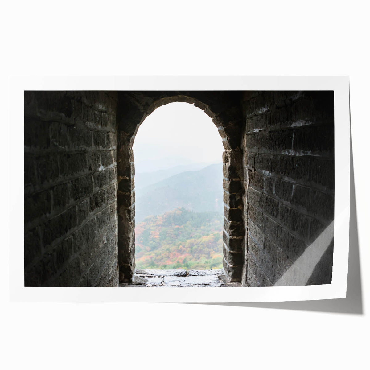 Extra large rolled print depicting the Great Wall of China, in muted earth tones, ideal for art wall dining room.