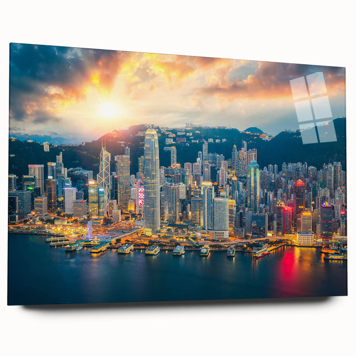 Acrylic print of a large abstract depiction of the Hong Kong skyline in muted blues and grays.