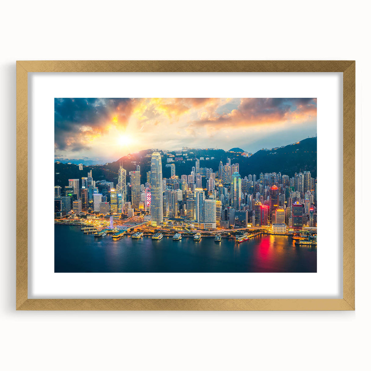 Extra large abstract art print of Hong Kong skyline in textured gold frame, ideal for living room decor.