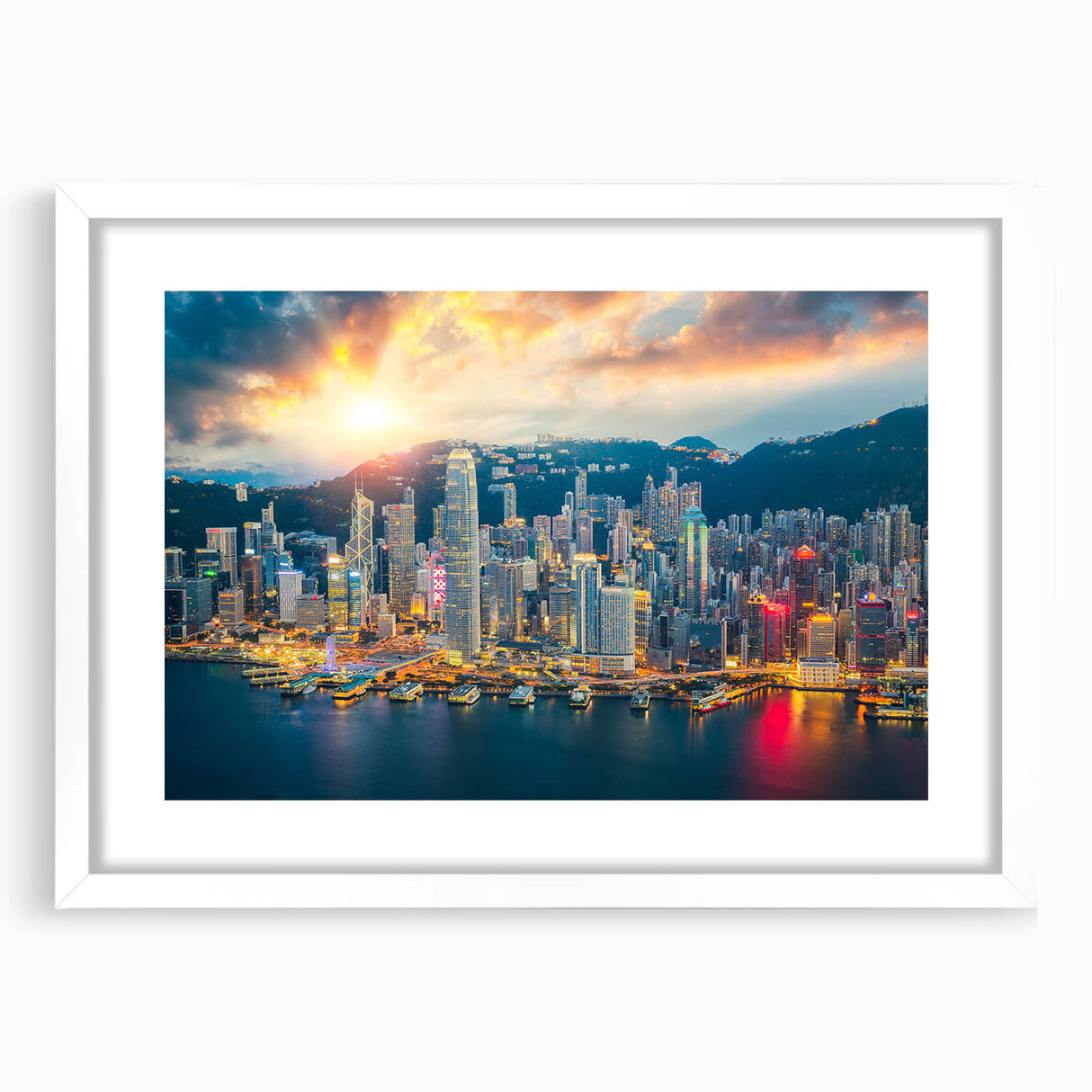 Abstract art print of Hong Kong skyline in muted gray and blue tones, framed with a white mat.