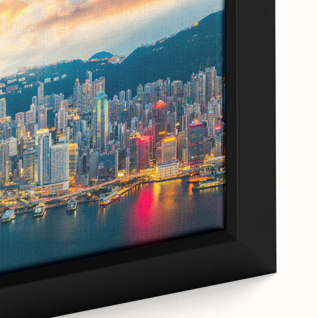 Extra large framed canvas featuring a textured depiction of the Hong Kong skyline in black with colorful accents.