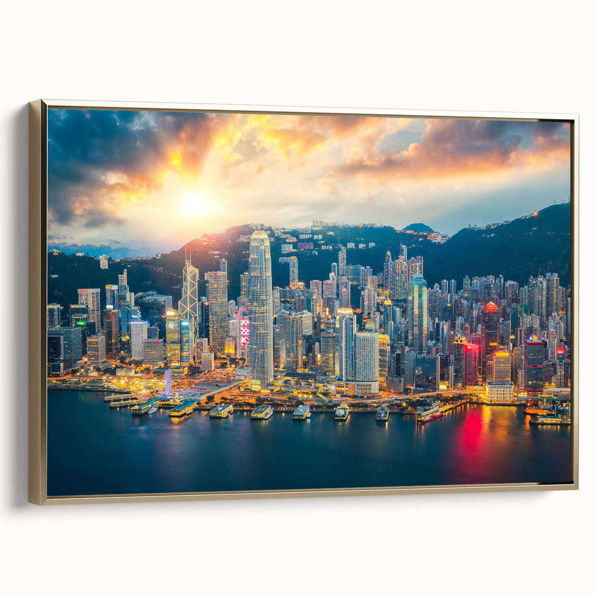 Framed canvas featuring a vintage-style landscape painting of Hong Kong in black and gold tones, ideal for bedroom decor.