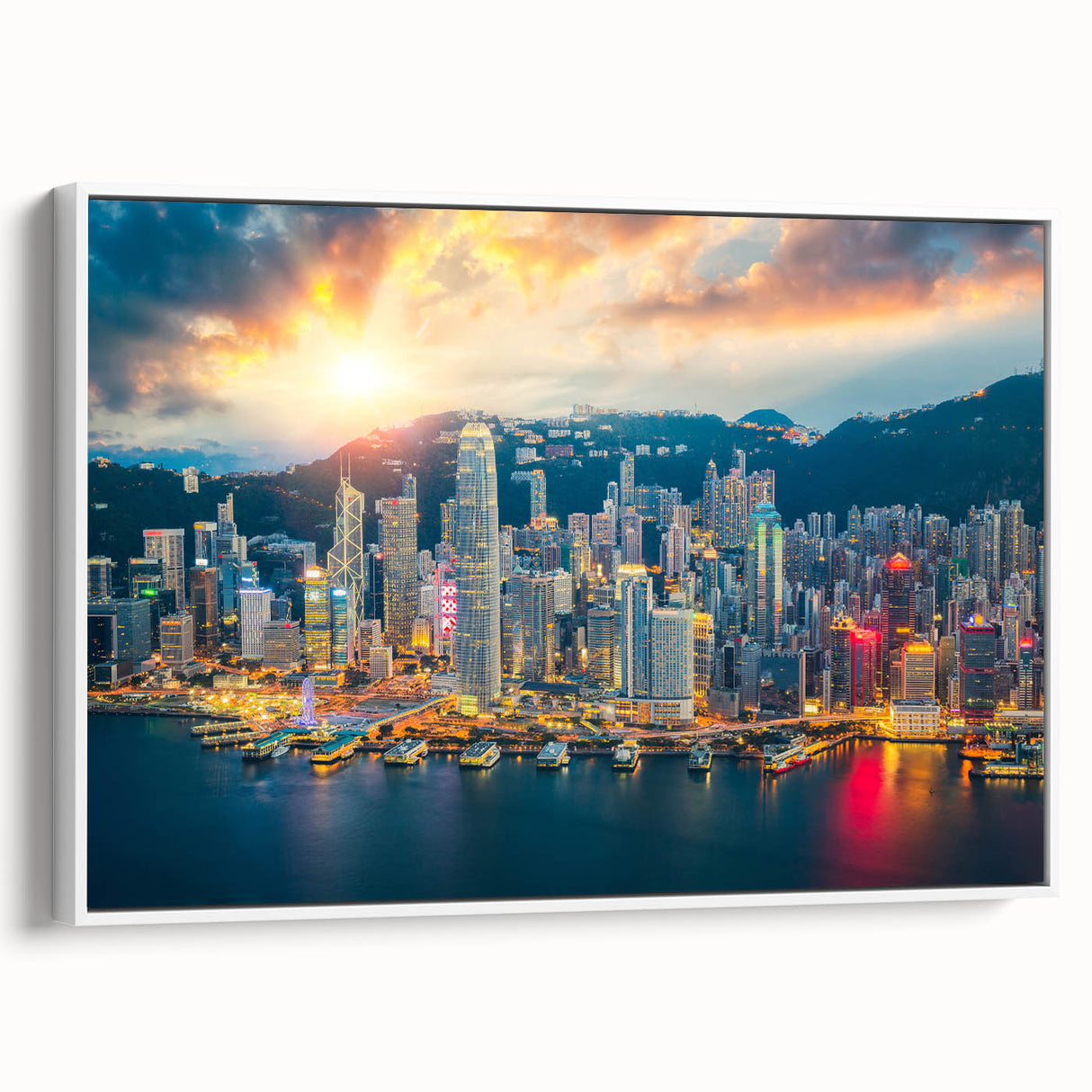 Vintage poster art of Hong Kong skyline in colorful hues on extra large framed canvas, ideal for living room decor.