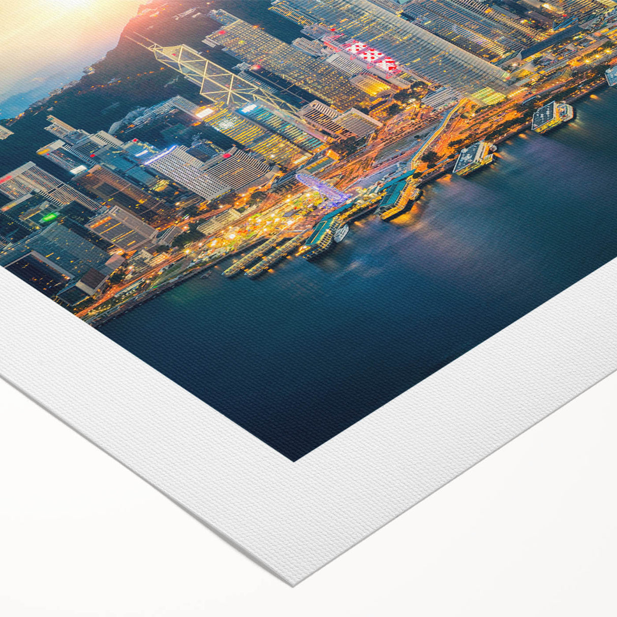 Art deco poster featuring the Hong Kong skyline in muted gray and blue tones, ideal for dining room wall art.