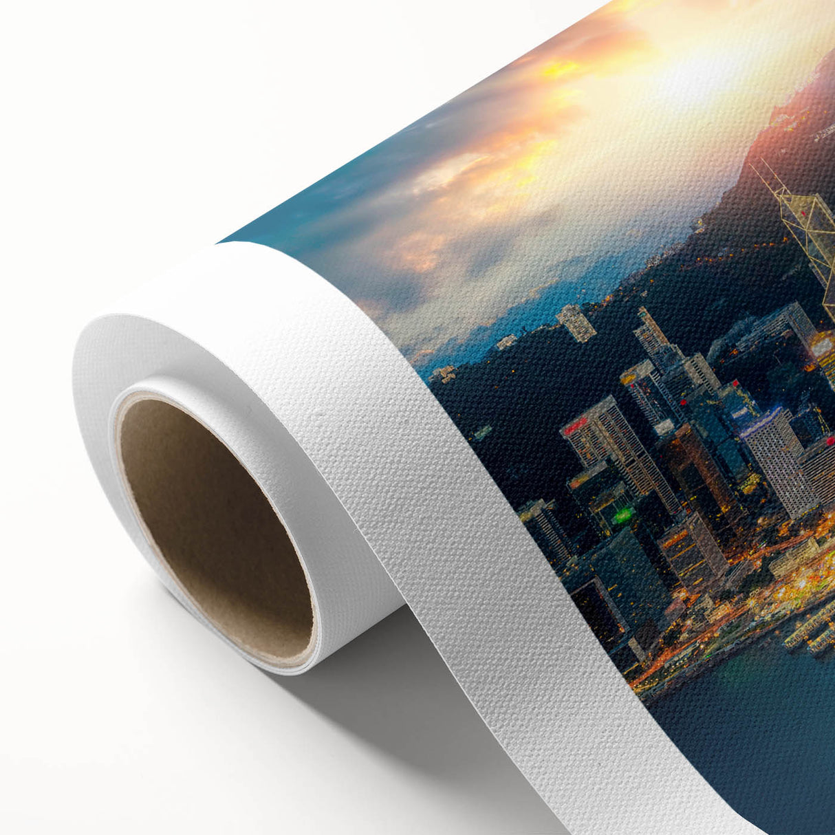 Art Deco style poster of Hong Kong skyline in muted gold and blue tones on rolled canvas, ideal for nursery wall art.