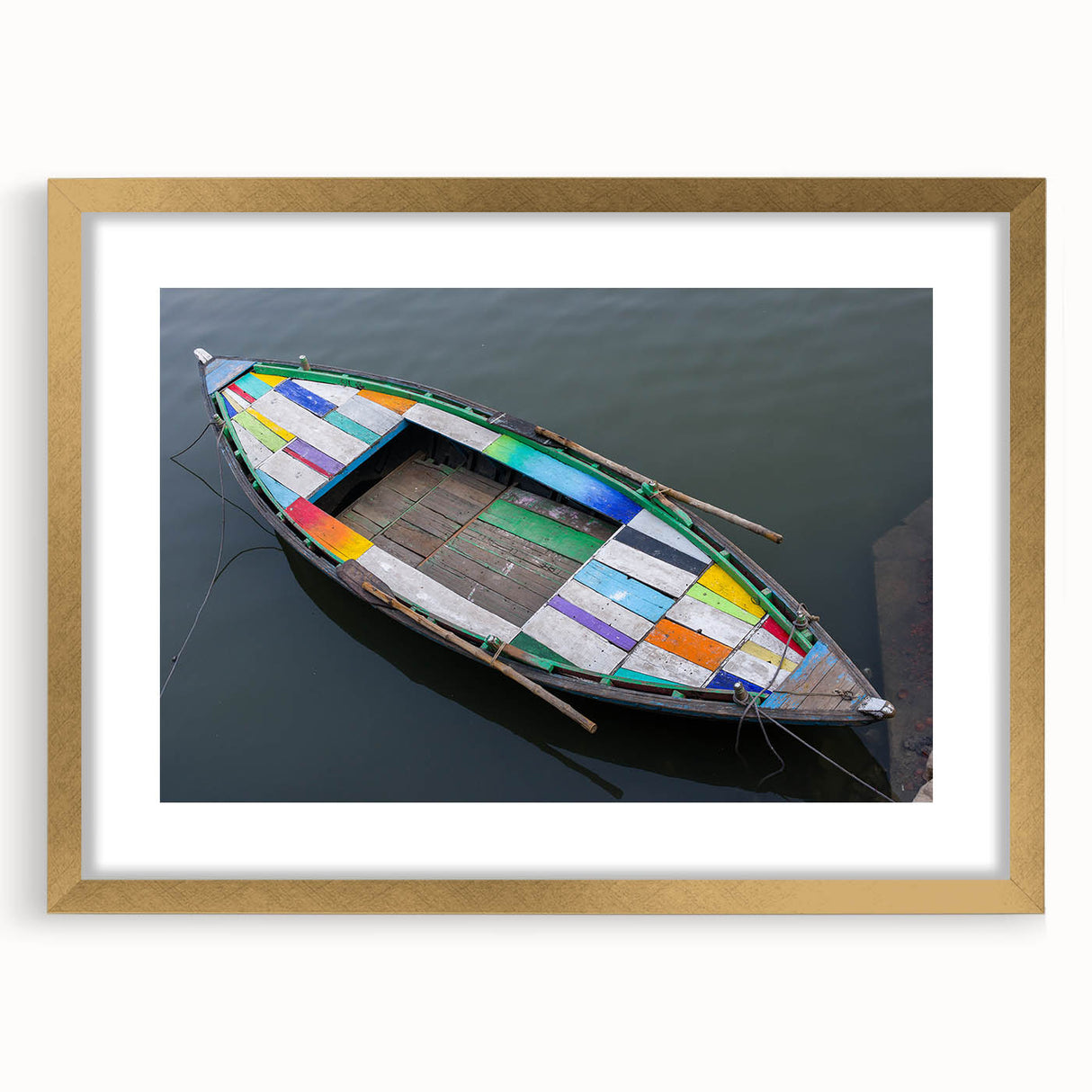 Extra large abstract art print of an Indian scenery in textured gold tones on a framed canvas.