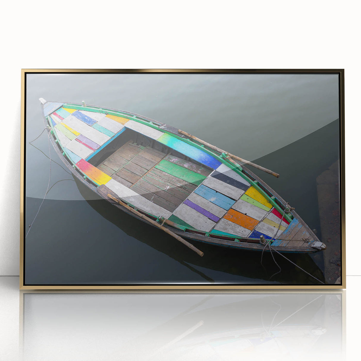 Framed acrylic print of a serene Indian landscape in gold and green tones, ideal for modern art wall decor.