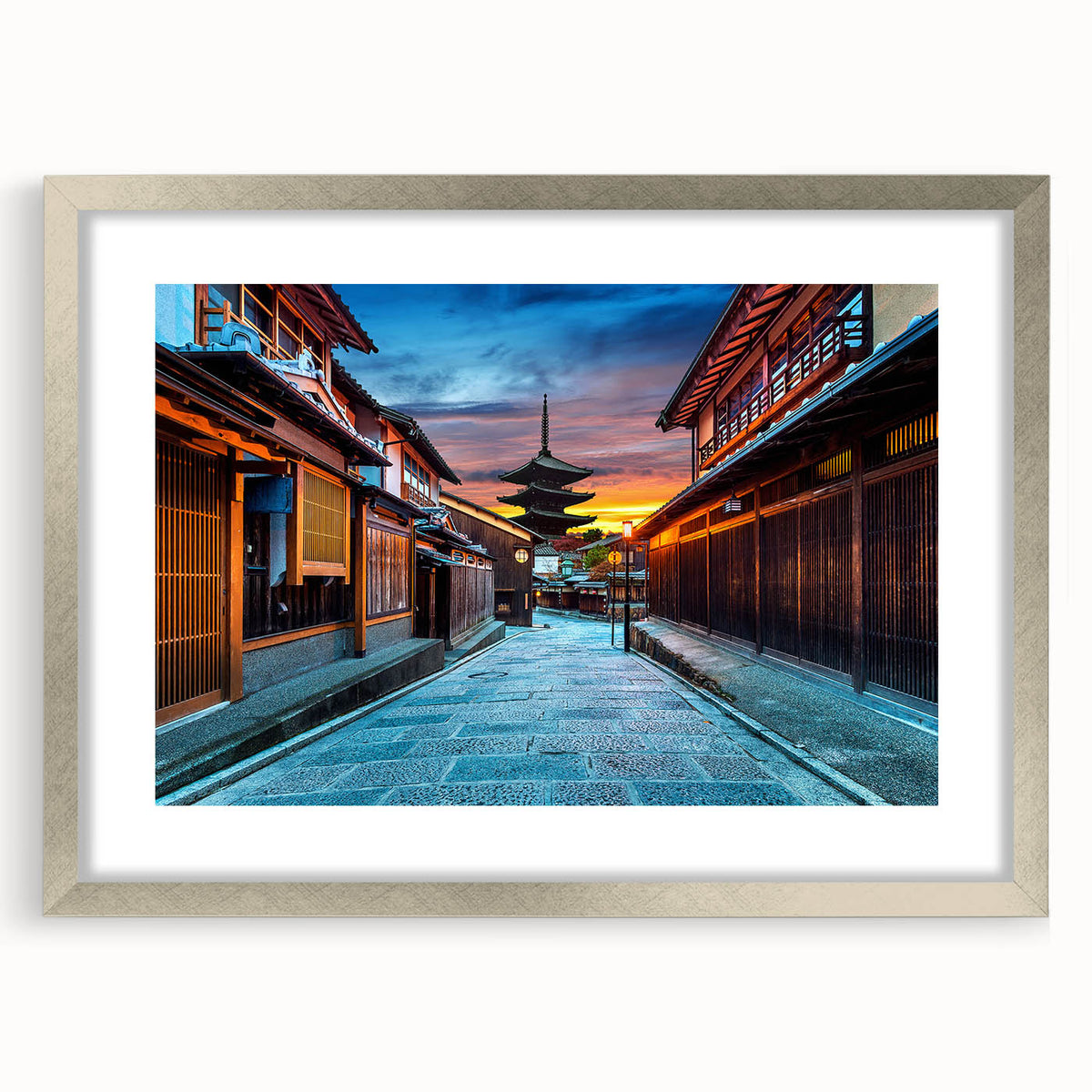 Textured art of a serene Kyoto landscape in soft gray tones on a framed silver mat, suitable for bedroom decor.
