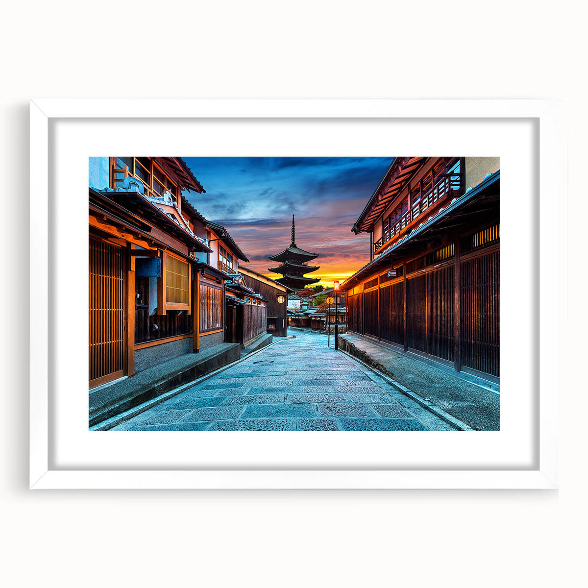 Abstract art print of a Kyoto scenery in muted earth tones on a framed white mat, ideal for dining room decor.