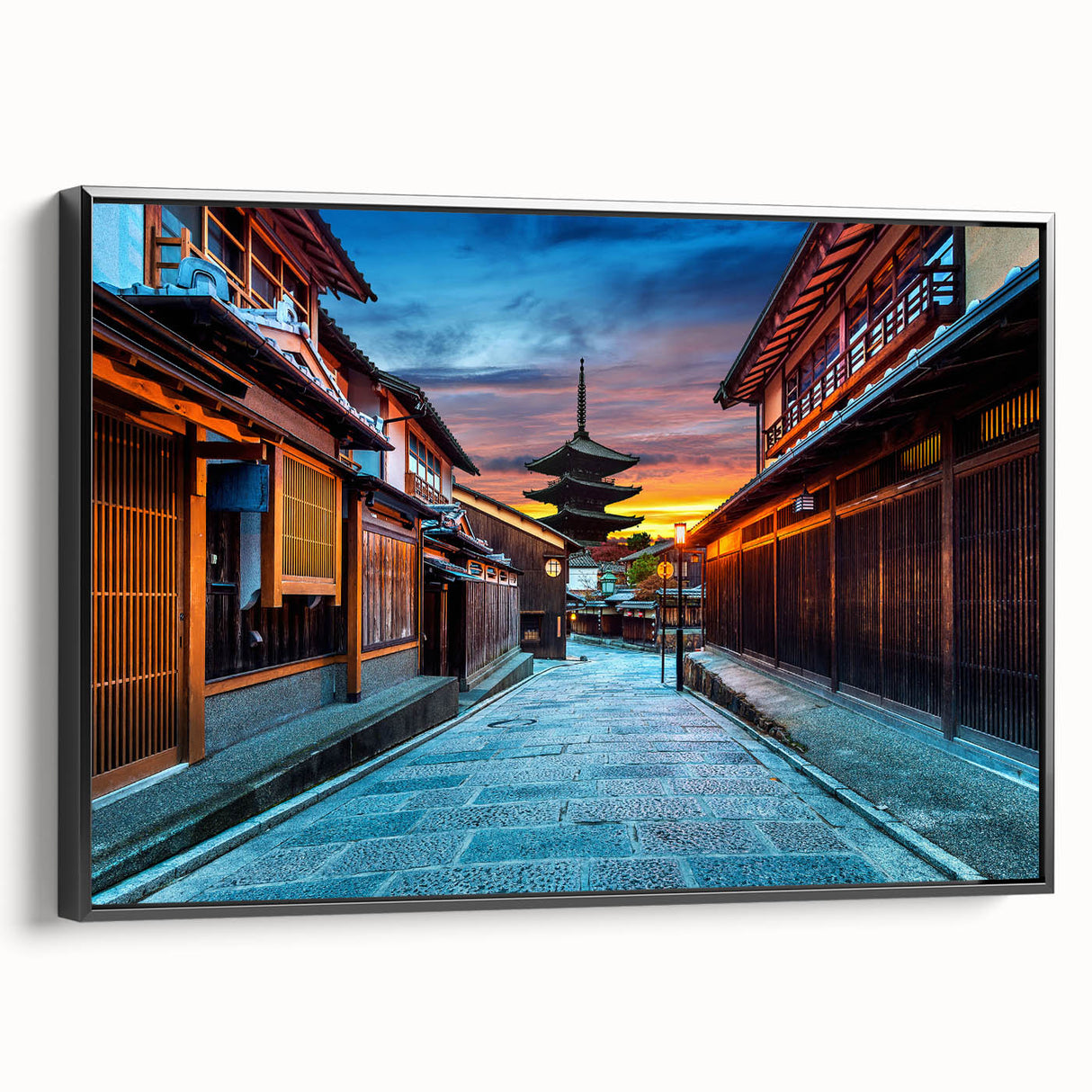 Black and white landscape art painting of Kyoto, displayed on framed canvas, ideal for bedroom wall decor.