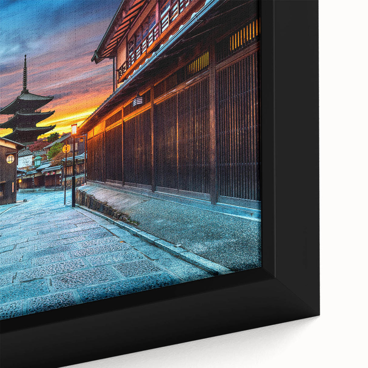 Extra large framed canvas featuring a textured, colorful depiction of a Kyoto scenery in black with vibrant accents.