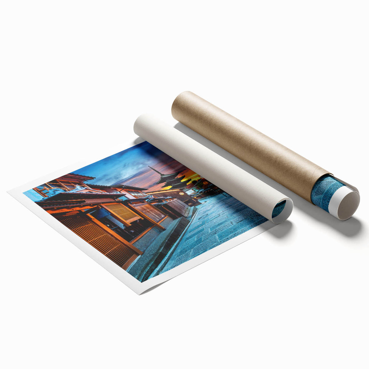 Extra large rolled print of a serene Kyoto scenery with cherry blossoms in soft pink and white tones.