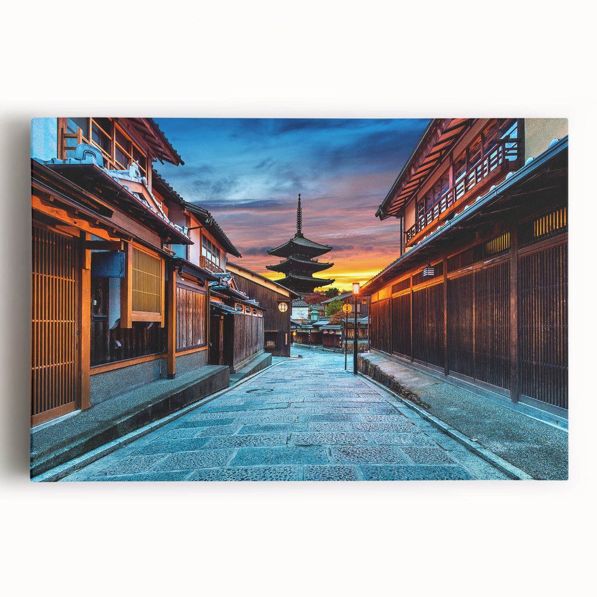 Black and white ink-style illustration of Kyoto scenery on large stretched canvas, ideal for kitchen wall art.