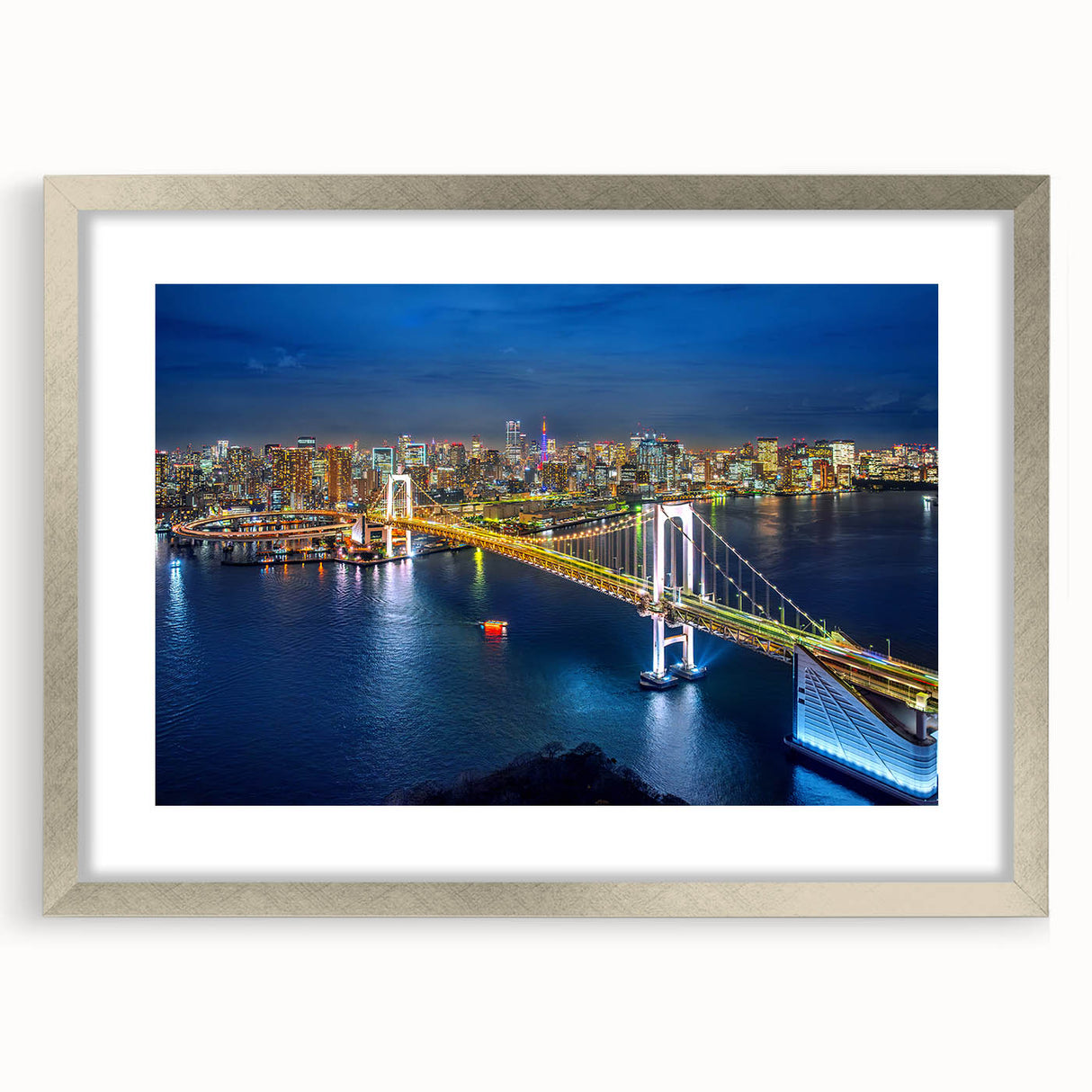 Textured abstract art print of Tokyo skyline in muted gray and silver tones, framed with a mat, suitable for bedroom decor.