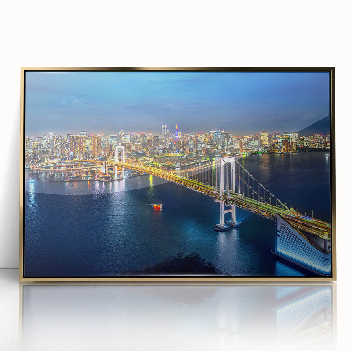 Large art print of Tokyo skyline in gold and black tones on a framed acrylic, showcasing mid-century modernist style.