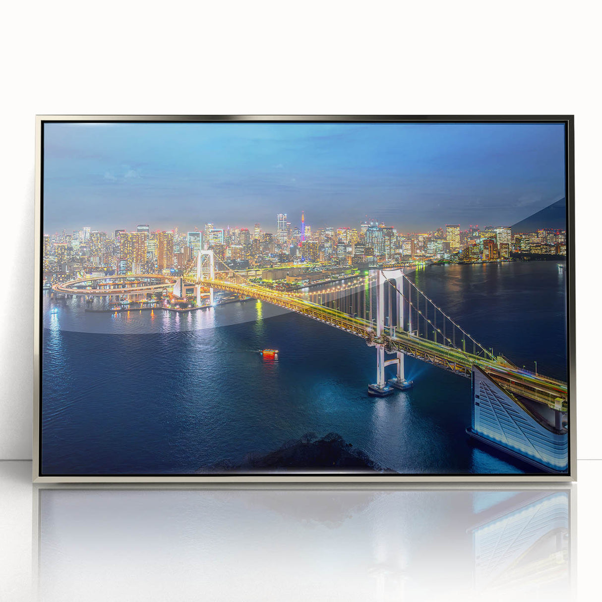 Mid-century modernist art depicting Tokyo skyline in muted gray and blue tones on a framed acrylic print.