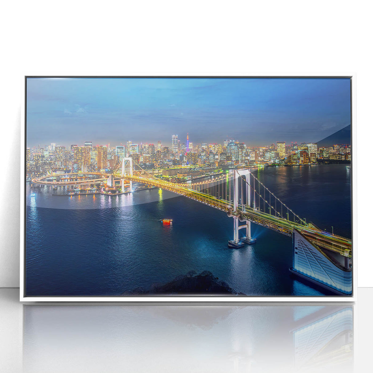 Art deco poster of Tokyo skyline in muted gray and blue tones on framed acrylic, ideal for modern nursery wall art.