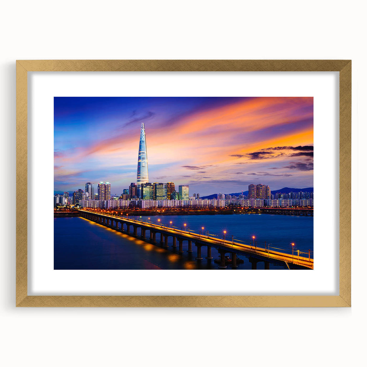 Extra large, textured abstract art print of Seoul scenery in a gold frame, ideal for living room decor.