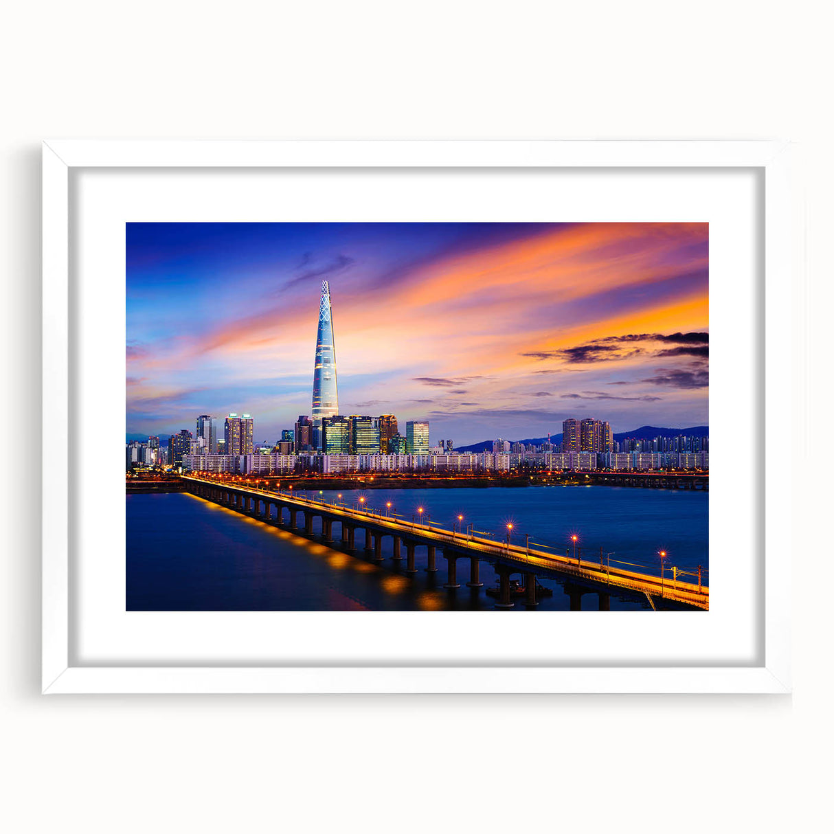 Abstract art print of Seoul skyline in muted gray and blue tones, framed with a white mat, ideal for dining room decor.