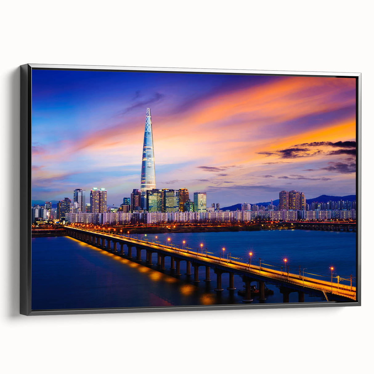 Black and white wall art of Seoul landscape on framed canvas, ideal for bedroom decor featuring vintage poster art style.