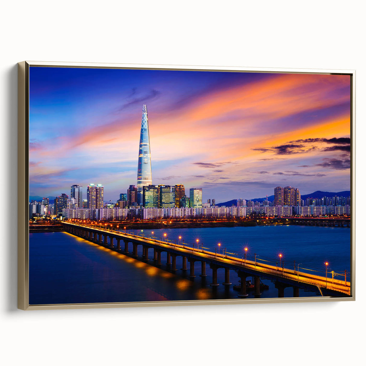 Framed canvas featuring a vintage-style landscape painting of Seoul, with muted gold and black tones.