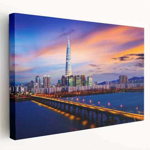 Large canvas print of Seoul skyline in muted gray and blue tones, ideal for kitchen wall art.