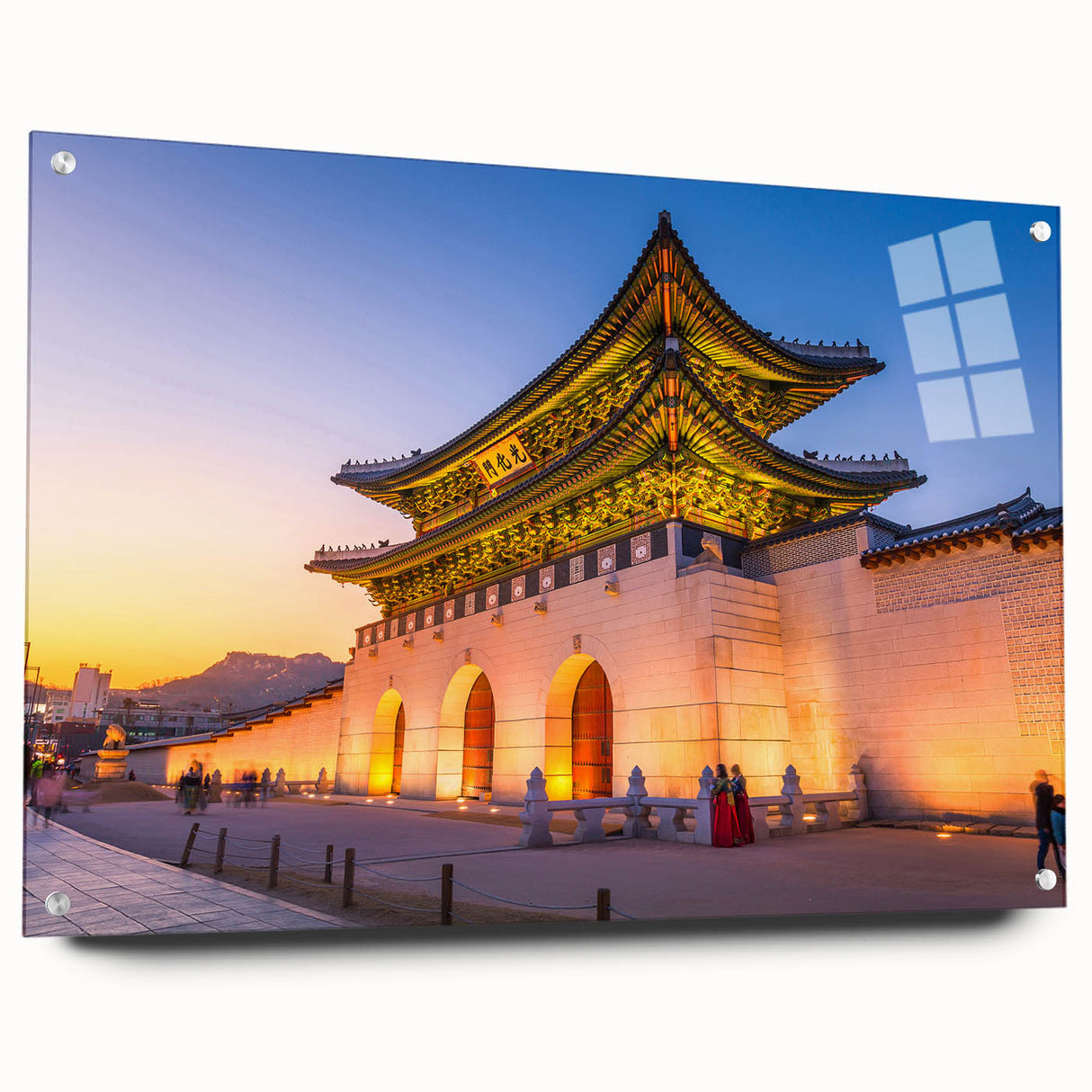 Large abstract wall art of a Korean landscape in muted earth tones on acrylic glass.