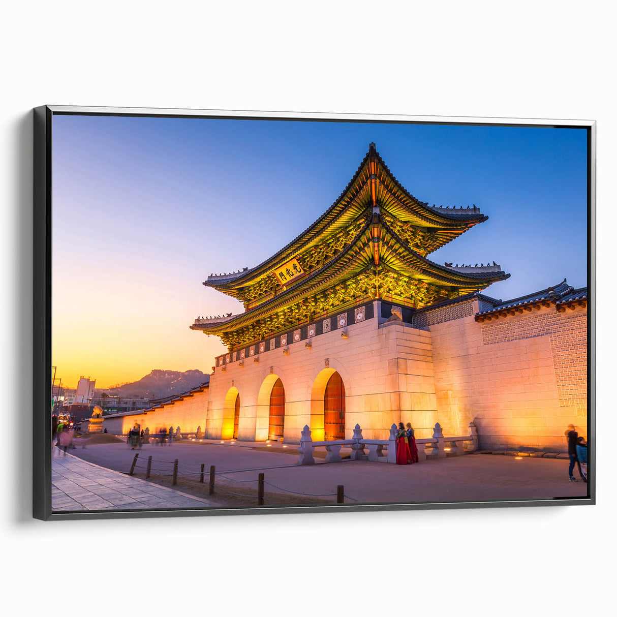 Black and white framed canvas of a vintage Korean landscape, ideal for bedroom wall decor.