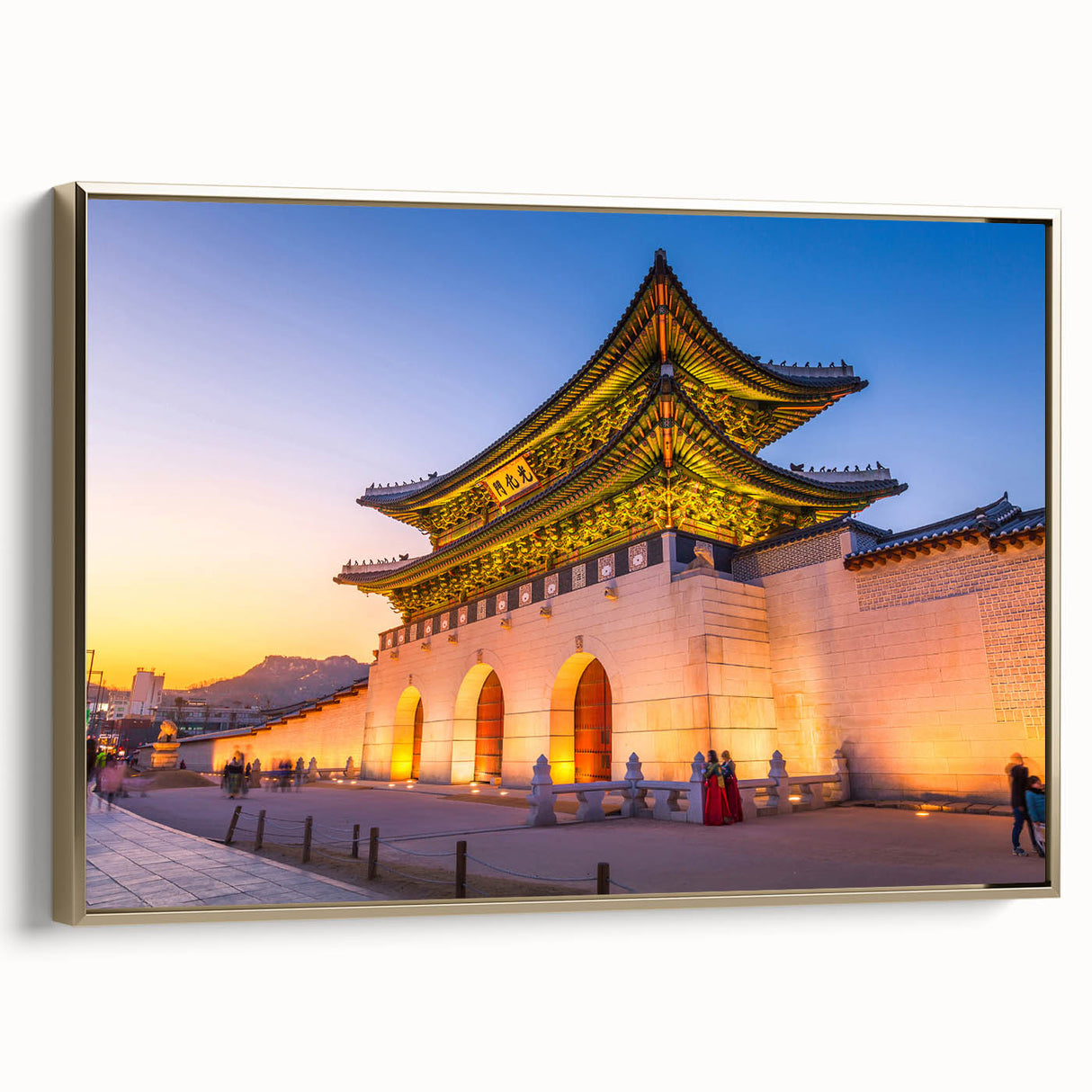 Framed canvas featuring a vintage-style Korean landscape in muted gold and black tones, ideal for bedroom wall decor.