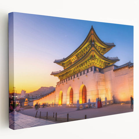 Large canvas print of a serene Korean landscape in muted green and blue tones, ideal for kitchen wall art.