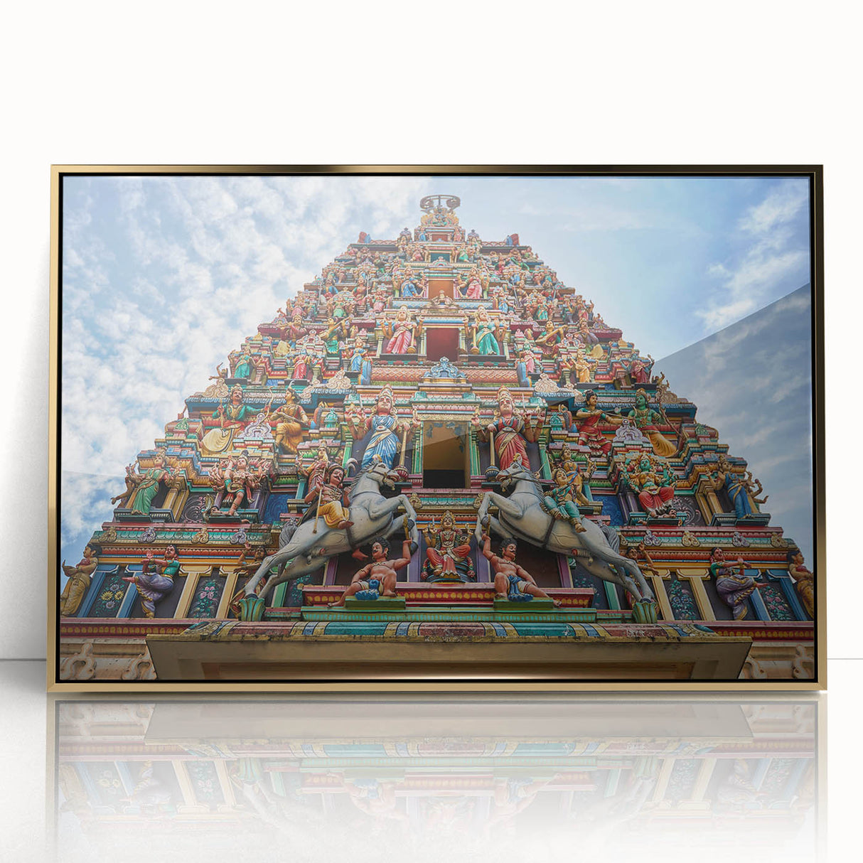 Acrylic print of a Malaysian landscape in gold frame, with mid-century modernist style, suited for modern art wall decor.