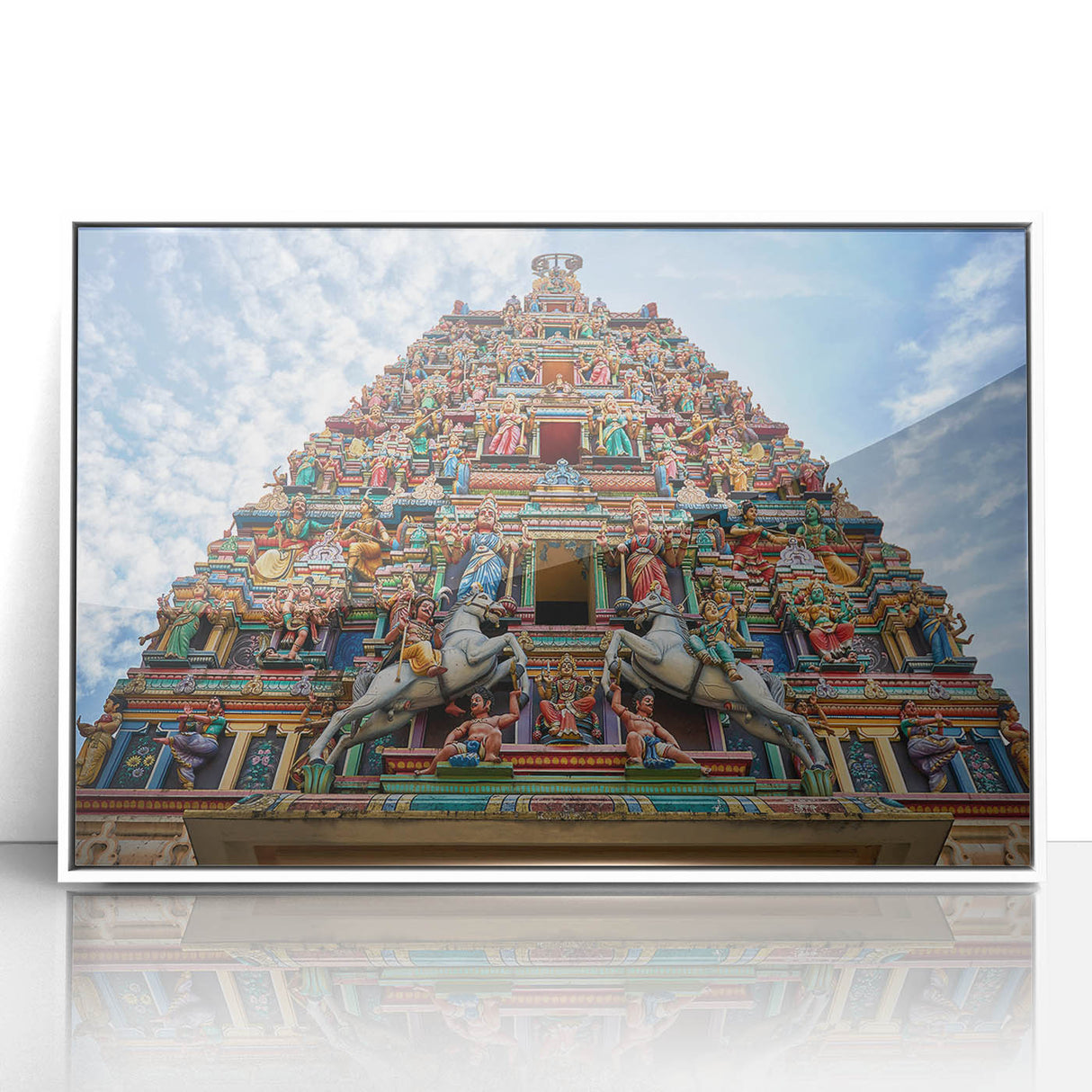 Acrylic print of a Malaysian landscape in muted green and blue tones, framed in white, suitable for modern art wall decor.