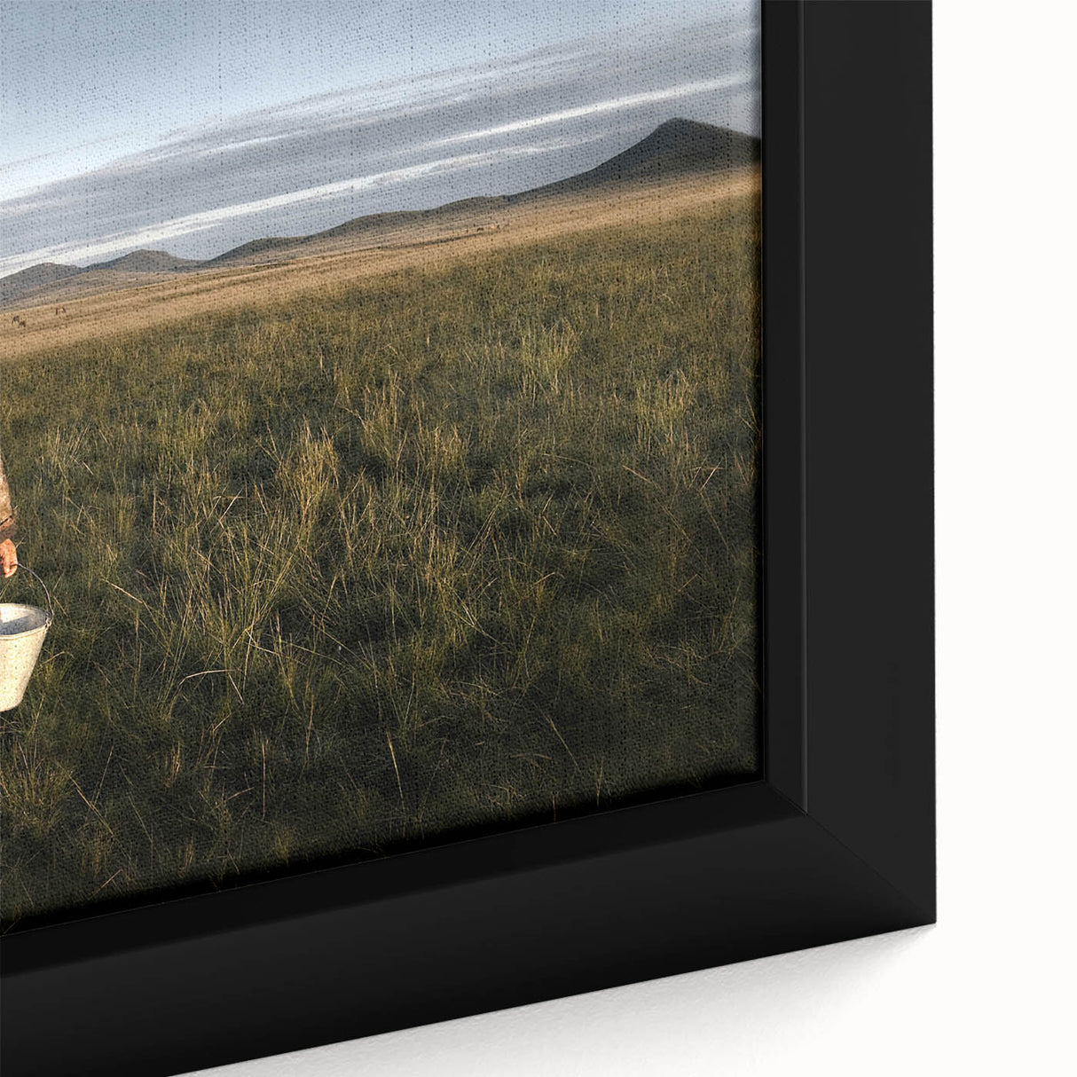 Extra large framed canvas featuring a textured depiction of a Mongolian landscape in black with colorful art accents.