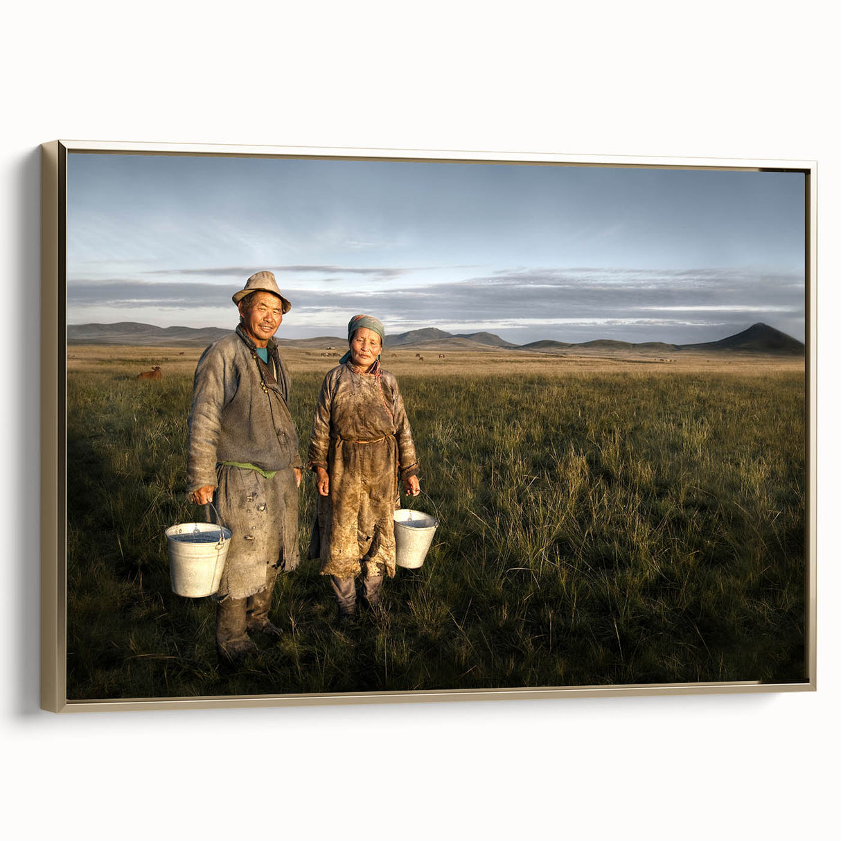 Framed canvas featuring a vintage-style Mongolian landscape in muted gold and black, ideal for bedroom wall art.