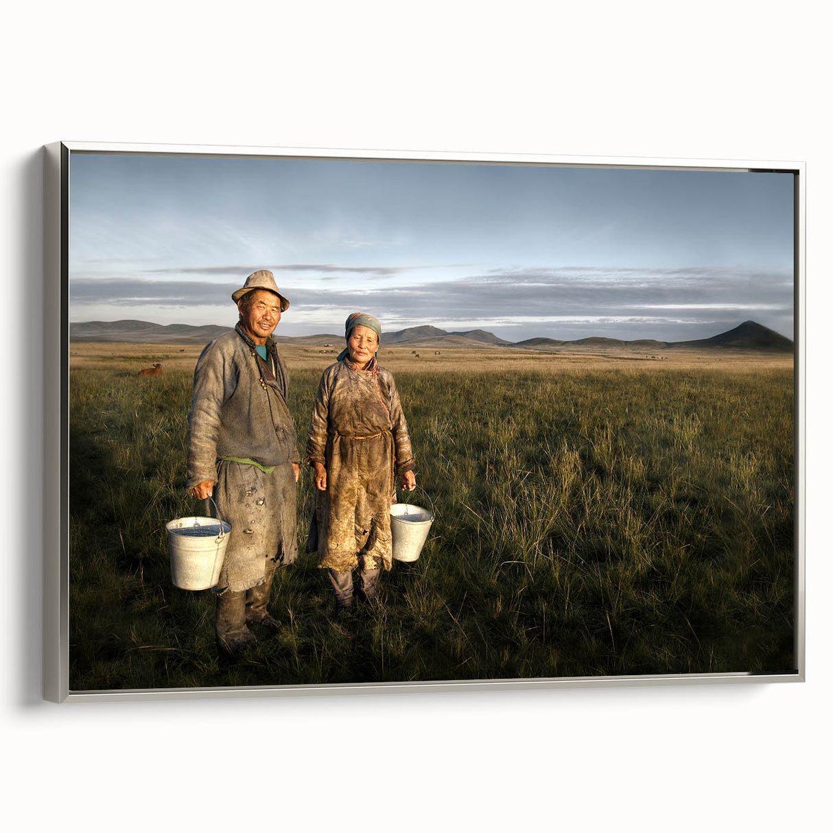 Framed canvas landscape art painting depicting a colorful Mongolian scenery, ideal for enhancing a living room or study.