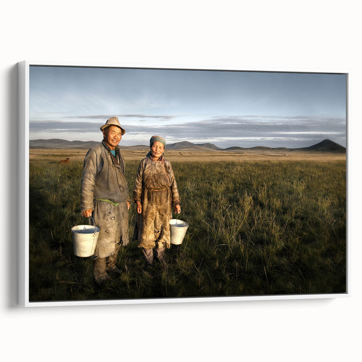Vintage poster art of a Mongolian landscape on a framed canvas, featuring vibrant colors.