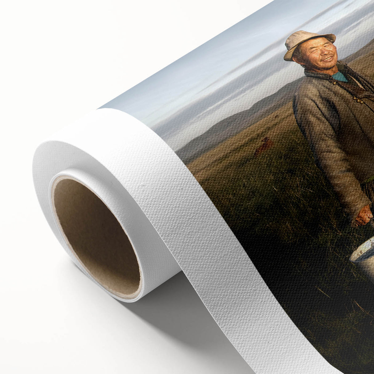 Art Deco poster of a Mongolian landscape on rolled canvas, with muted earth tones, ideal for nursery wall art.