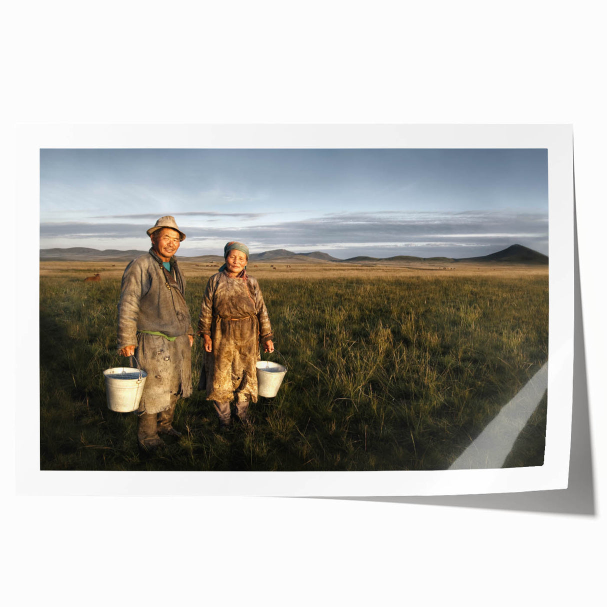 Extra large rolled print depicting a serene Mongolian landscape in soft pastel shades, ideal for art wall dining room.
