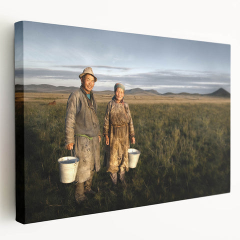 Large stretched canvas featuring a serene Mongolian landscape in muted earth tones, ideal for kitchen wall art.