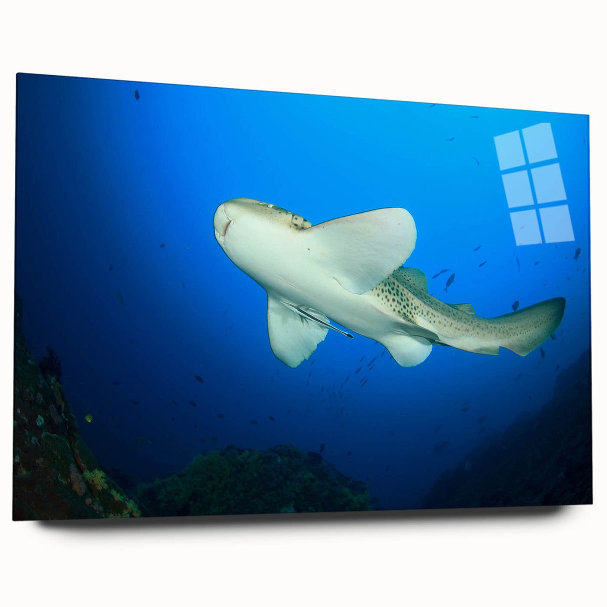 Large abstract wall art featuring a serene Thai landscape in muted green and blue tones on acrylic glass.