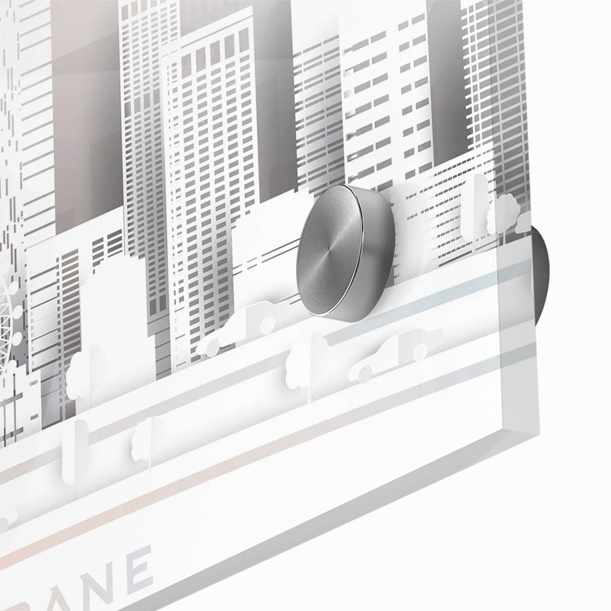 Large abstract wall art depicting Brisbane scenery in mid-century modernist style, vibrant colors on acrylic glass.